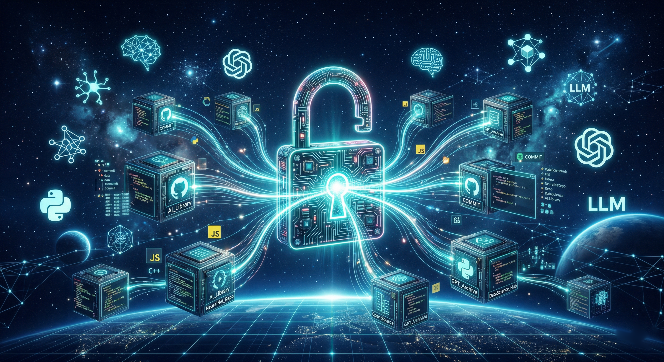 Ilustratie digitala reprezentand modelele AI open source din 2026 - cod deschis, acces liber si colaborare globala in dezvoltarea inteligentei artificiale