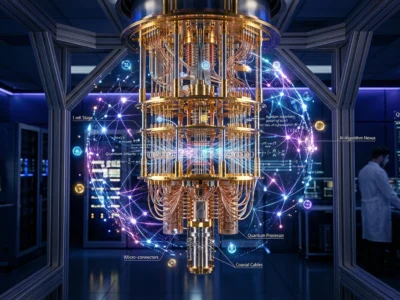 Ilustratie detaliata cu structura aurie a unui calculator cuantic combinata cu o retea neuronala digitala, simbolizand integrarea dintre inteligenta artificiala si calculul cuantic