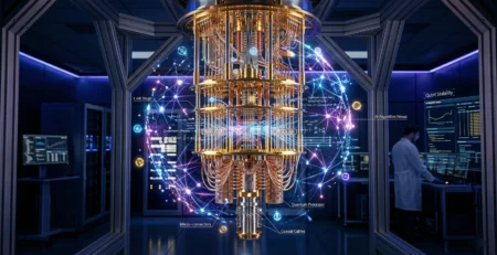 Ilustratie detaliata cu structura aurie a unui calculator cuantic combinata cu o retea neuronala digitala, simbolizand integrarea dintre inteligenta artificiala si calculul cuantic