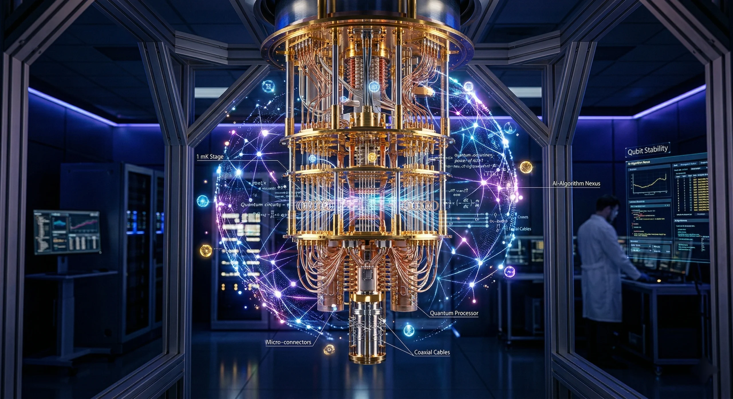 Ilustratie detaliata cu structura aurie a unui calculator cuantic combinata cu o retea neuronala digitala, simbolizand integrarea dintre inteligenta artificiala si calculul cuantic