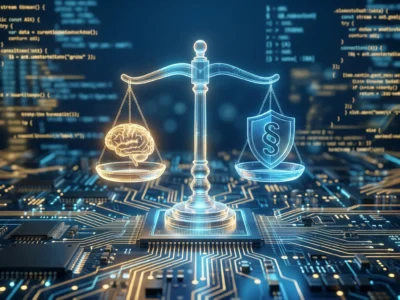 Ilustratie conceptuala reprezentand reglementarea inteligentei artificiale prin simbolul balantei justitiei integrate intr-un circuit digital, sugerand echilibrul intre inovatia AI si cadrul legal european din 2026