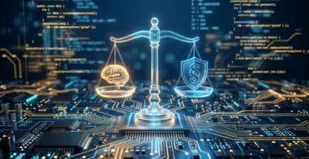 Ilustratie conceptuala reprezentand reglementarea inteligentei artificiale prin simbolul balantei justitiei integrate intr-un circuit digital, sugerand echilibrul intre inovatia AI si cadrul legal european din 2026