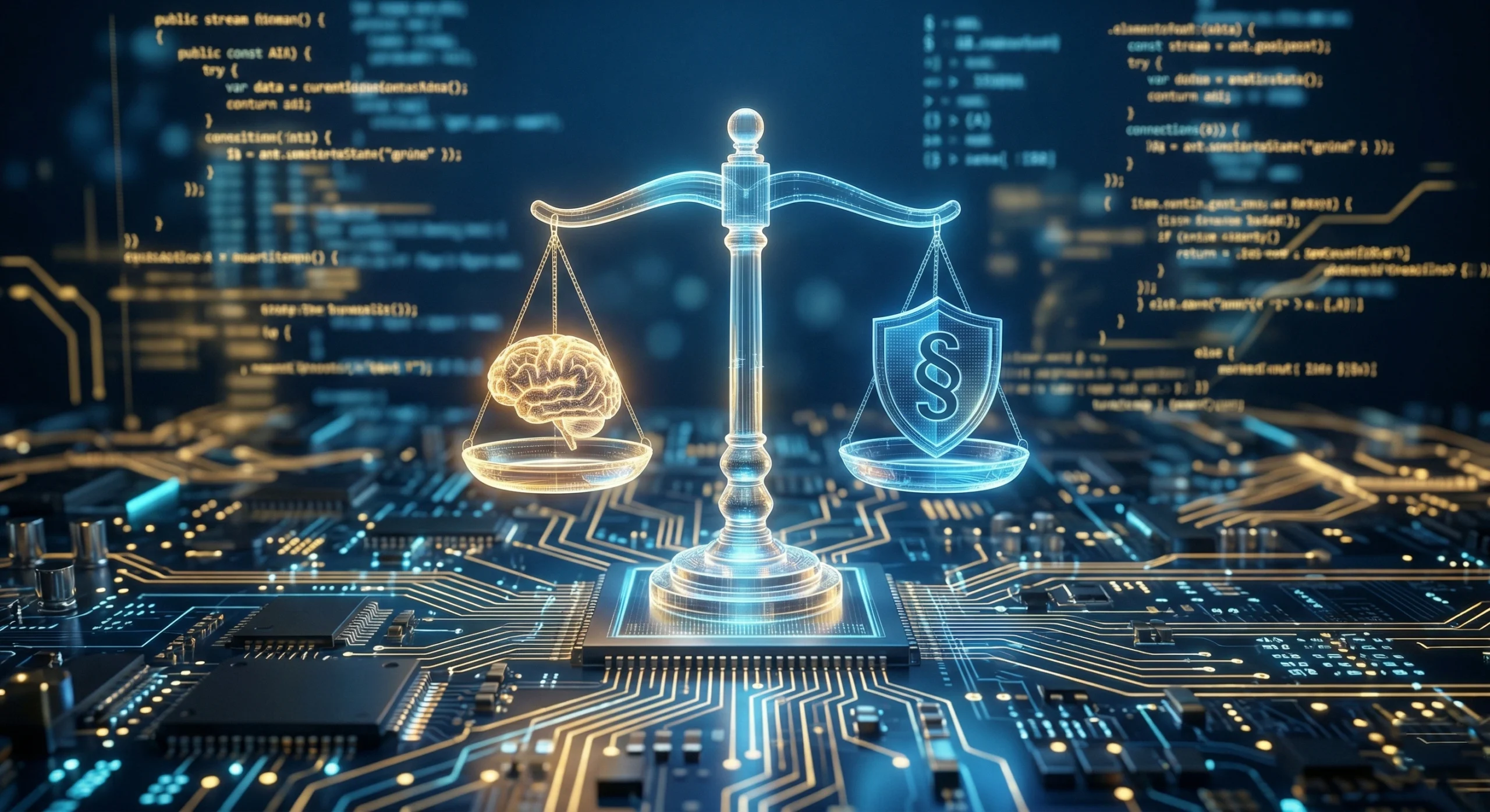 Ilustratie conceptuala reprezentand reglementarea inteligentei artificiale prin simbolul balantei justitiei integrate intr-un circuit digital, sugerand echilibrul intre inovatia AI si cadrul legal european din 2026