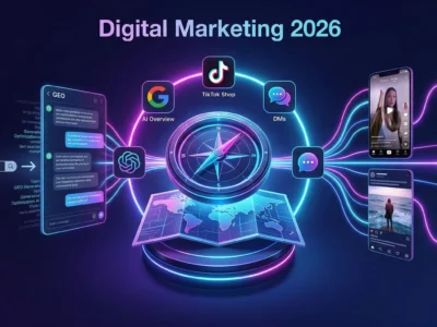 Infografic conceptual despre schimbarile SEO si Social Media in 2026, ilustrand tranzitia de la cautarea traditionala Google la GEO (Generative Engine Optimization) si cresterea social commerce pe TikTok si Instagram