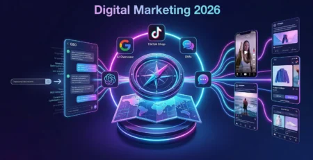 Infografic conceptual despre schimbarile SEO si Social Media in 2026, ilustrand tranzitia de la cautarea traditionala Google la GEO (Generative Engine Optimization) si cresterea social commerce pe TikTok si Instagram
