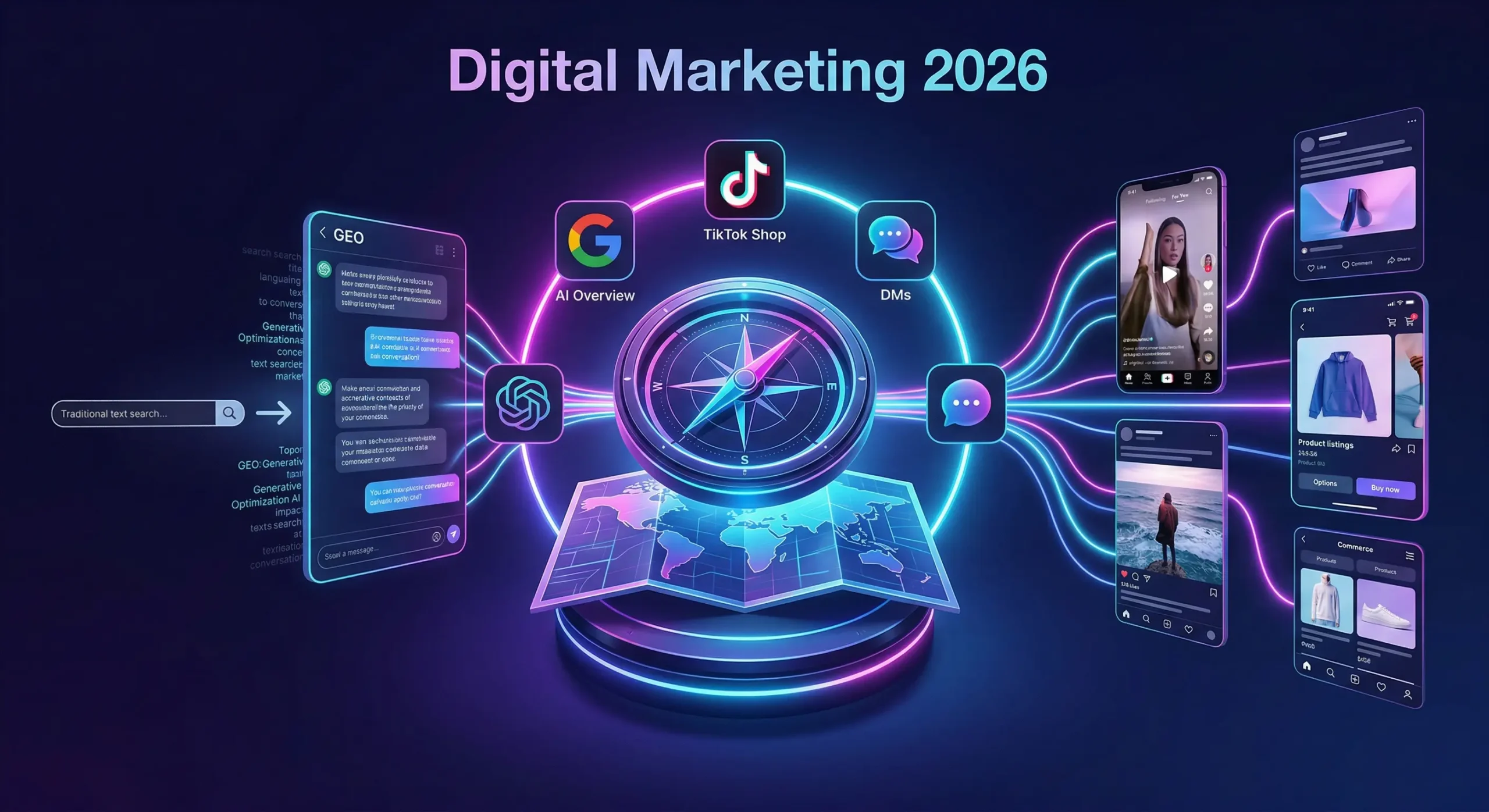Infografic conceptual despre schimbarile SEO si Social Media in 2026, ilustrand tranzitia de la cautarea traditionala Google la GEO (Generative Engine Optimization) si cresterea social commerce pe TikTok si Instagram