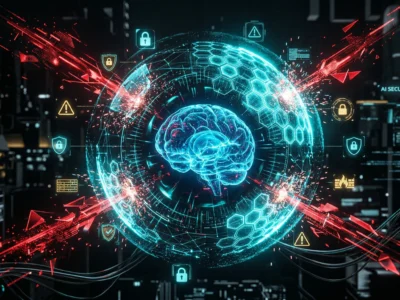 Ilustratie conceptuala a securitatii AI in 2026 reprezentand un scut digital de protectie impotriva atacurilor de tip prompt injection si data poisoning care vizeaza modelele de inteligenta artificiala