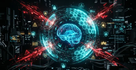 Ilustratie conceptuala a securitatii AI in 2026 reprezentand un scut digital de protectie impotriva atacurilor de tip prompt injection si data poisoning care vizeaza modelele de inteligenta artificiala