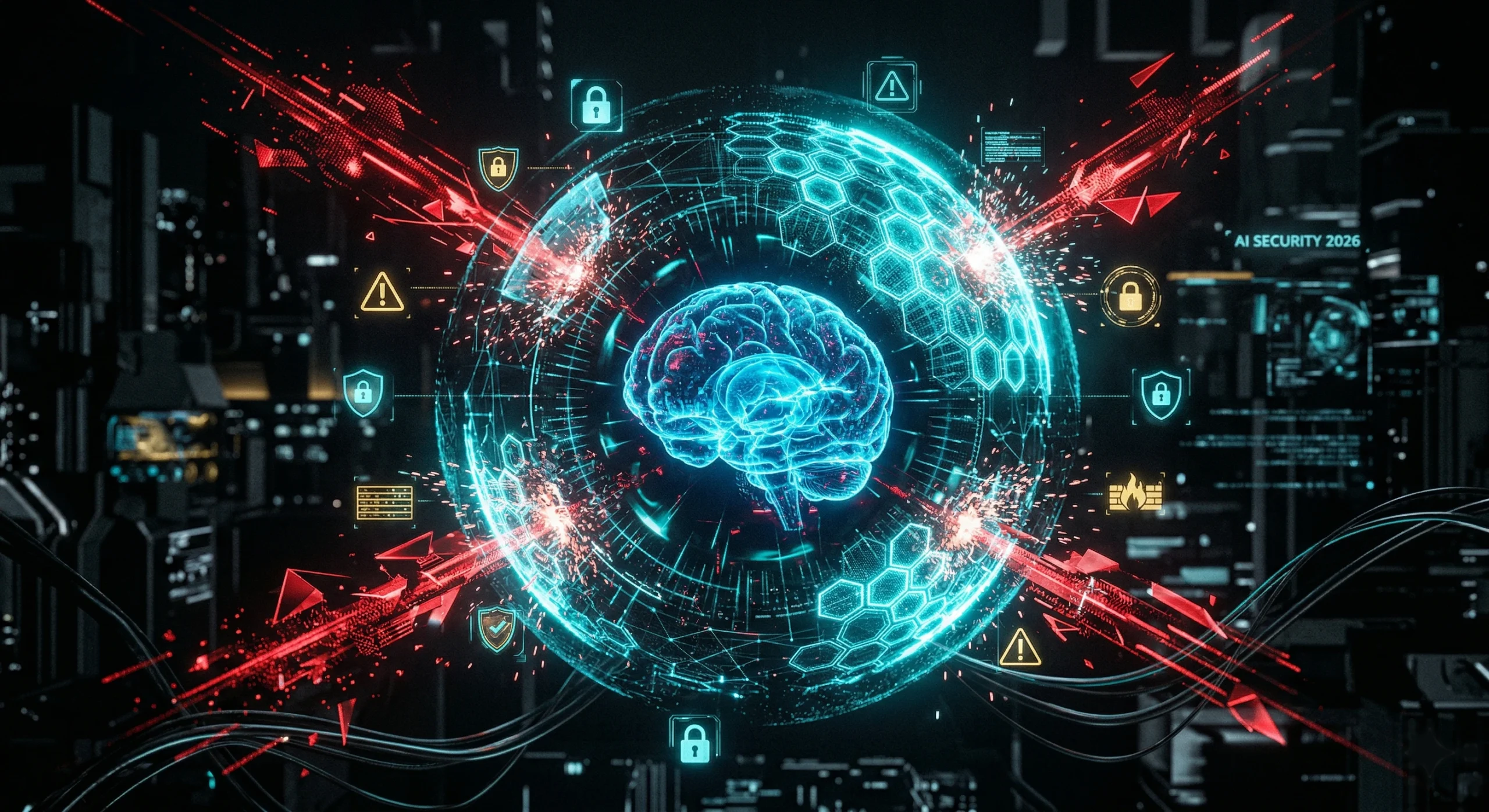 Ilustratie conceptuala a securitatii AI in 2026 reprezentand un scut digital de protectie impotriva atacurilor de tip prompt injection si data poisoning care vizeaza modelele de inteligenta artificiala