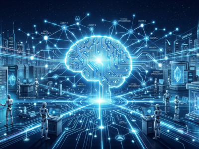 Ilustratie futurista reprezentand tendintele AI in 2026 - agenti autonomi, robotica si infrastructura digitala conectate intr-o retea luminoasa