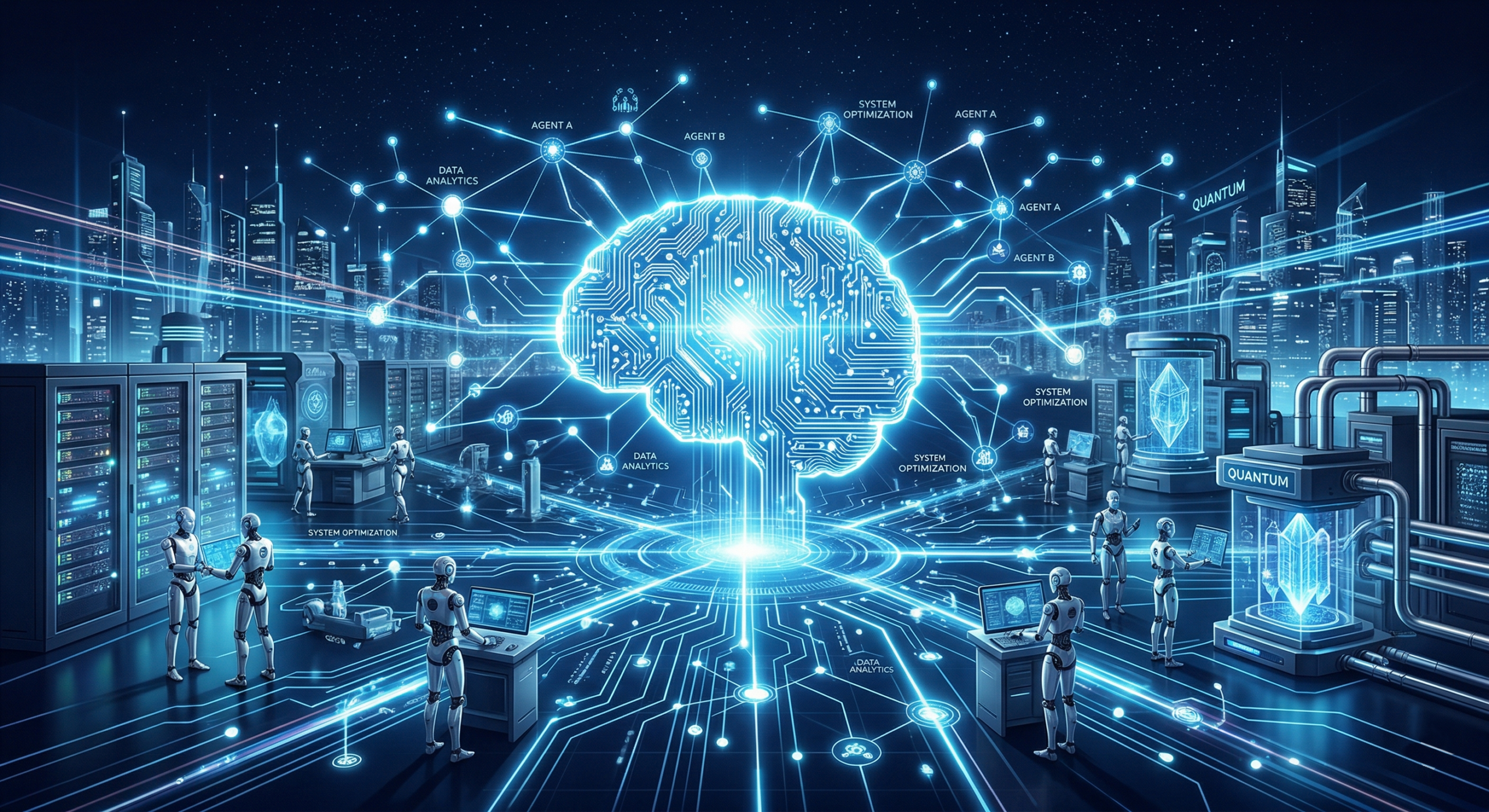 Ilustratie futurista reprezentand tendintele AI in 2026 - agenti autonomi, robotica si infrastructura digitala conectate intr-o retea luminoasa