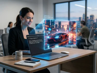 Ilustratie conceptuala cu un laptop din care este proiectata holografic o scena video cinematografica, simbolizand tehnologia inteligenta de generare a clipurilor video din text pentru marketing