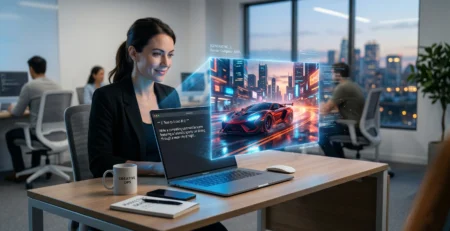 Ilustratie conceptuala cu un laptop din care este proiectata holografic o scena video cinematografica, simbolizand tehnologia inteligenta de generare a clipurilor video din text pentru marketing