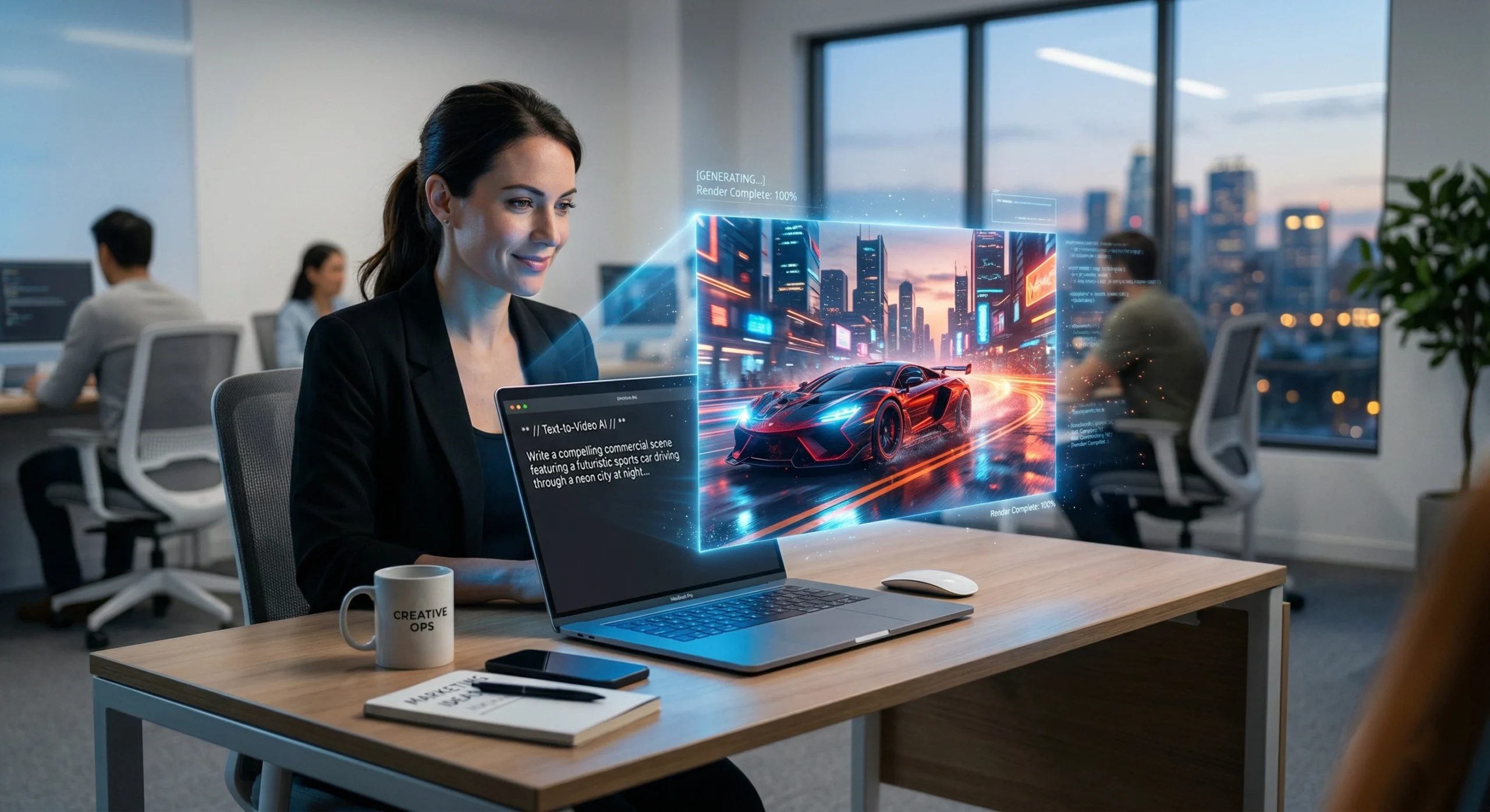 Ilustratie conceptuala cu un laptop din care este proiectata holografic o scena video cinematografica, simbolizand tehnologia inteligenta de generare a clipurilor video din text pentru marketing