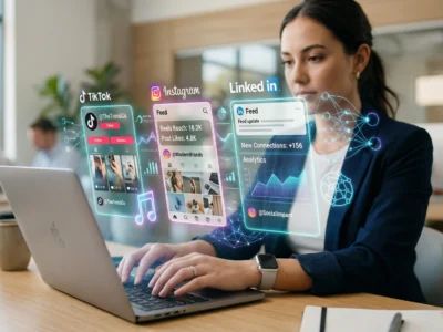 Reprezentare conceptuala a colaborarii dintre un specialist marketing si un asistent virtual, ilustrand utilizarea AI in social media 2026 pentru platforme precum Instagram, TikTok și LinkedIn
