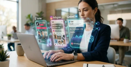 Reprezentare conceptuala a colaborarii dintre un specialist marketing si un asistent virtual, ilustrand utilizarea AI in social media 2026 pentru platforme precum Instagram, TikTok și LinkedIn