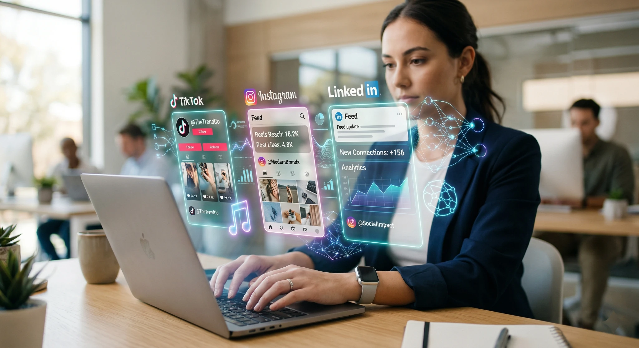 Reprezentare conceptuala a colaborarii dintre un specialist marketing si un asistent virtual, ilustrand utilizarea AI in social media 2026 pentru platforme precum Instagram, TikTok și LinkedIn