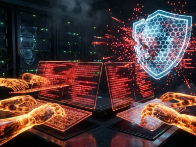 Vizualizare conceptuala a unui **atac cu AI** reprezentat prin maini robotice de lumina care manipuleaza cod rosu intr-un mediu digital securizat in 2026