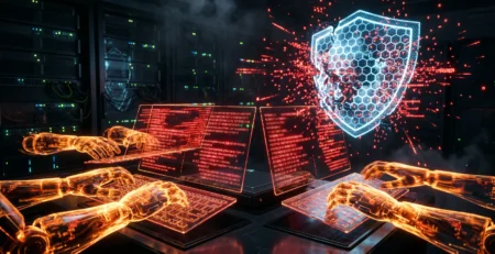 Vizualizare conceptuala a unui **atac cu AI** reprezentat prin maini robotice de lumina care manipuleaza cod rosu intr-un mediu digital securizat in 2026