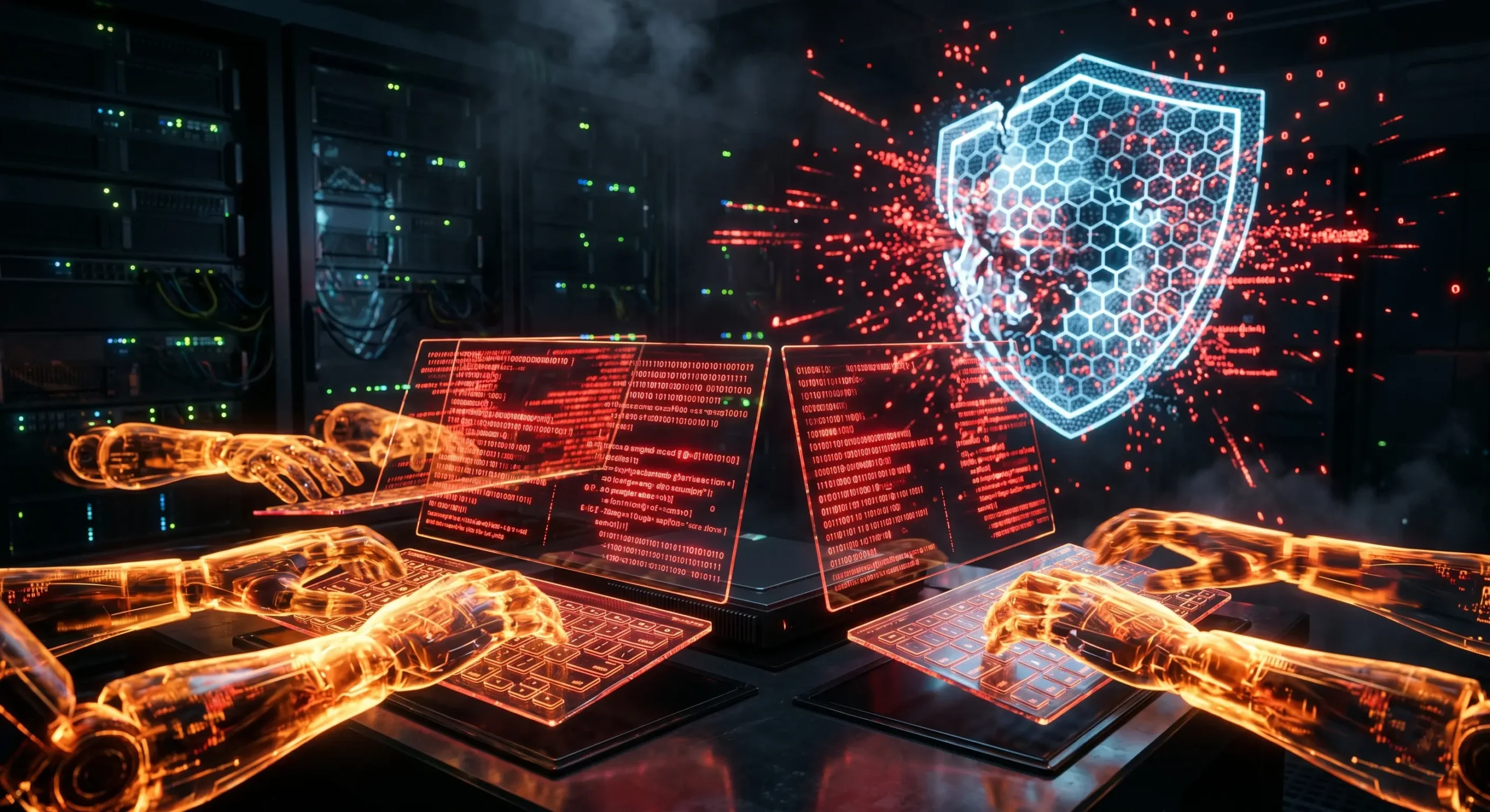 Vizualizare conceptuala a unui **atac cu AI** reprezentat prin maini robotice de lumina care manipuleaza cod rosu intr-un mediu digital securizat in 2026