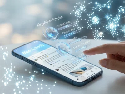 Ilustratie conceptuala Bluesky 2026 reprezentand o platforma descentralizata unde utilizatorii controleaza propriul algoritm prin setari personalizate, oferind vizibilitate crescuta creatorilor mici si medii