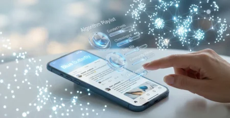 Ilustratie conceptuala Bluesky 2026 reprezentand o platforma descentralizata unde utilizatorii controleaza propriul algoritm prin setari personalizate, oferind vizibilitate crescuta creatorilor mici si medii