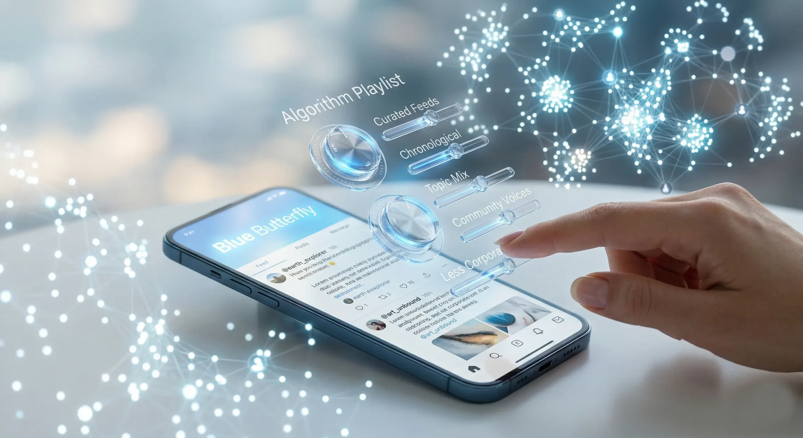 Ilustratie conceptuala Bluesky 2026 reprezentand o platforma descentralizata unde utilizatorii controleaza propriul algoritm prin setari personalizate, oferind vizibilitate crescuta creatorilor mici si medii