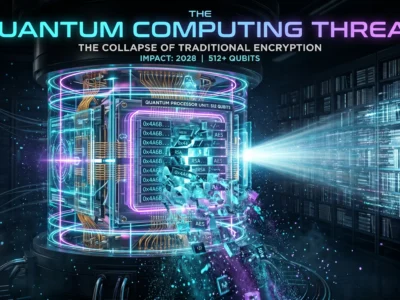 Reprezentare artistica a unui procesor **cuantic** care analizeaza si sparge straturi de date criptate in 2026