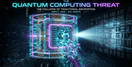 Reprezentare artistica a unui procesor **cuantic** care analizeaza si sparge straturi de date criptate in 2026