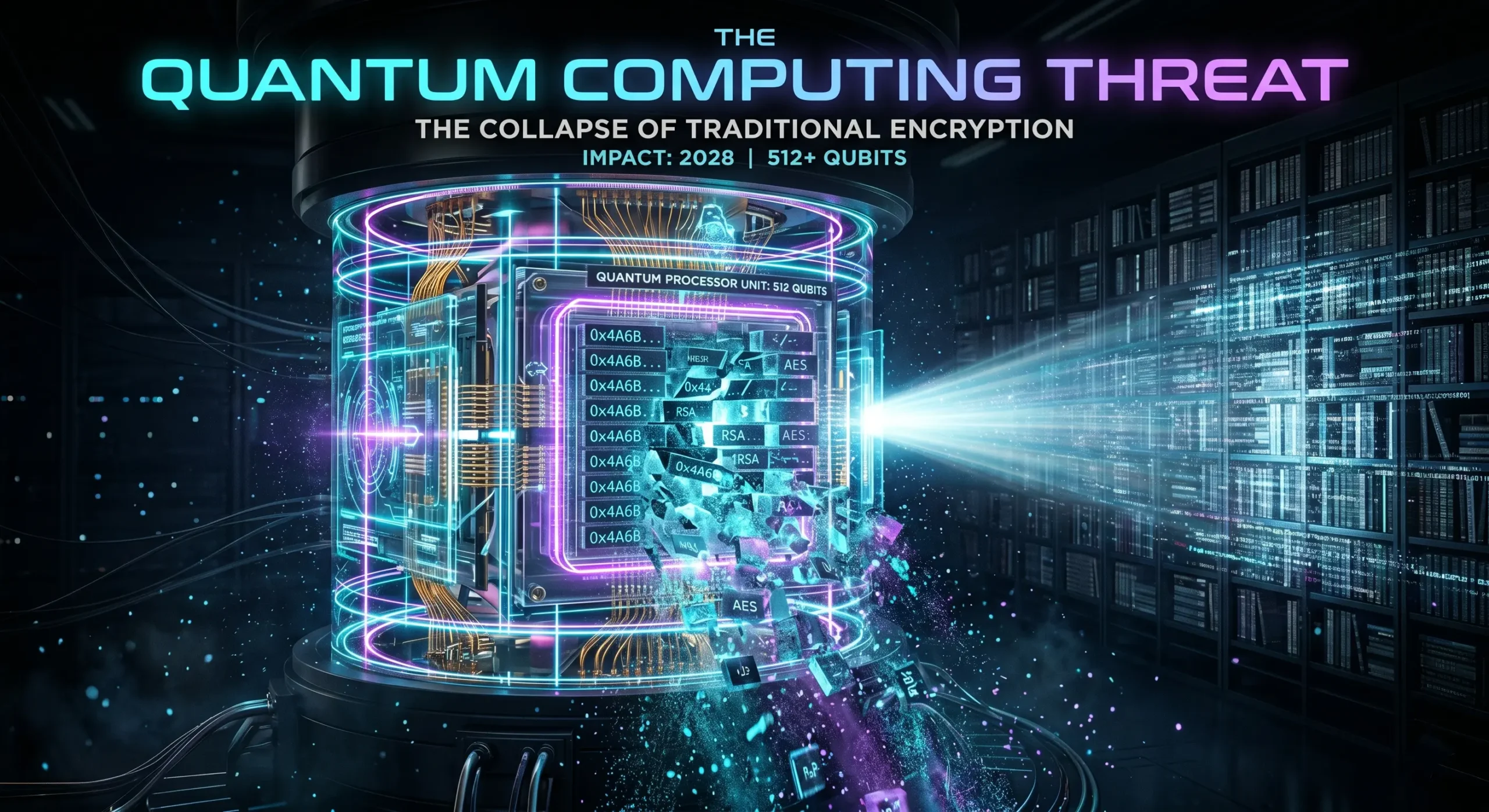 Reprezentare artistica a unui procesor **cuantic** care analizeaza si sparge straturi de date criptate in 2026