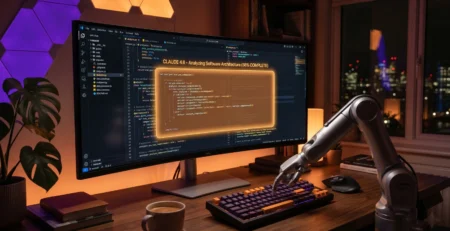 Vizualizare a asistentului **Claude 4.6** analizand cod software intr-un mediu de lucru modern, subliniind precizia si ajutorul oferit programatorilor in 2026