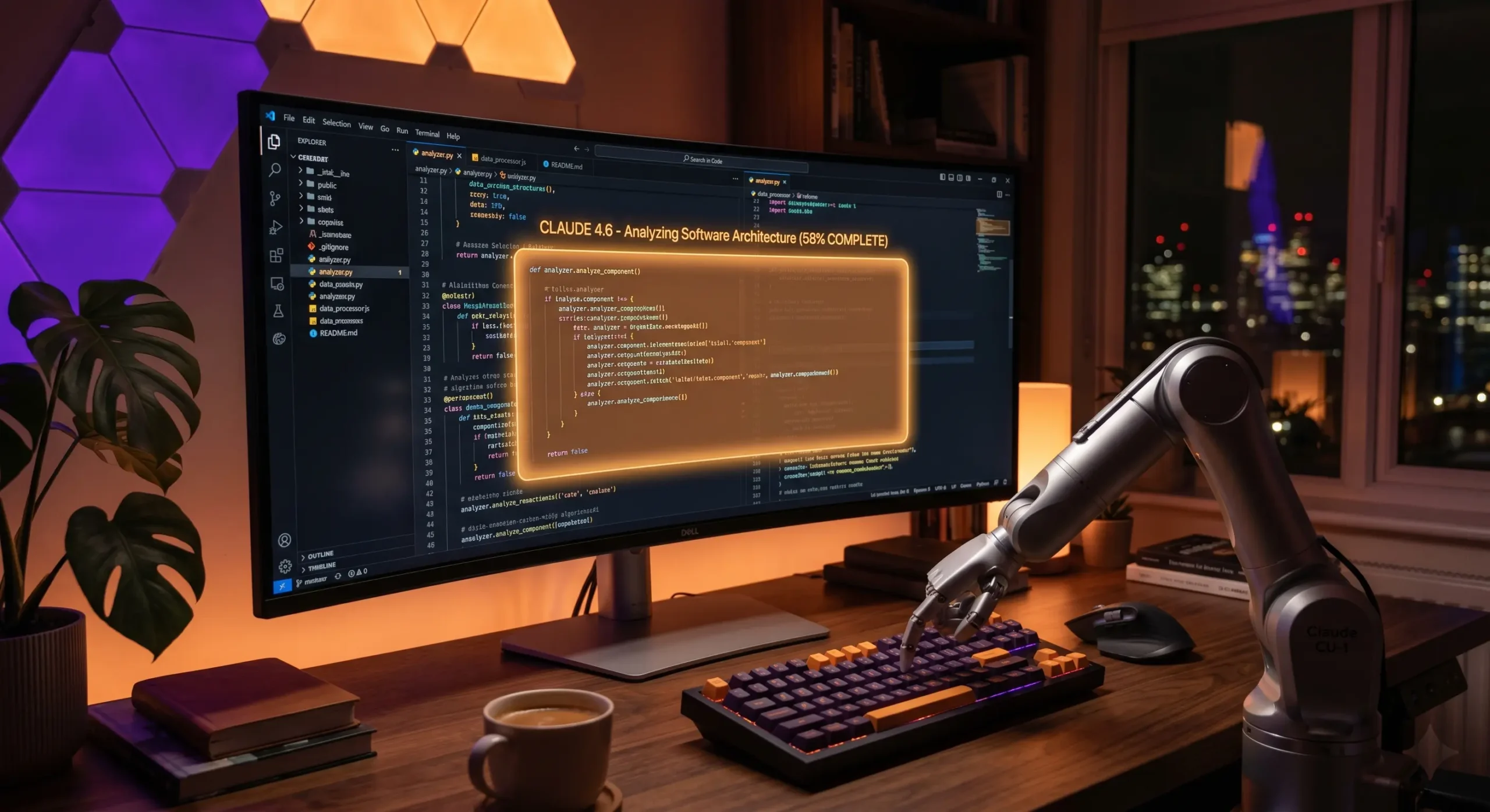 Vizualizare a asistentului **Claude 4.6** analizand cod software intr-un mediu de lucru modern, subliniind precizia si ajutorul oferit programatorilor in 2026