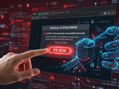 Reprezentare pentru **ClickFix** si modul in care un singur **click iti poate bloca sistemul** prin erori de browser false in 2026