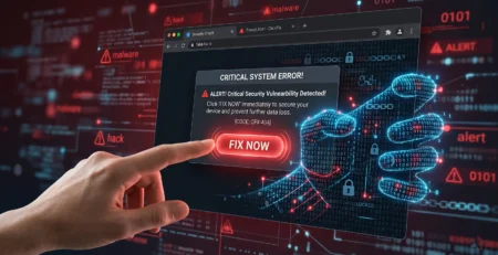 Reprezentare pentru **ClickFix** si modul in care un singur **click iti poate bloca sistemul** prin erori de browser false in 2026