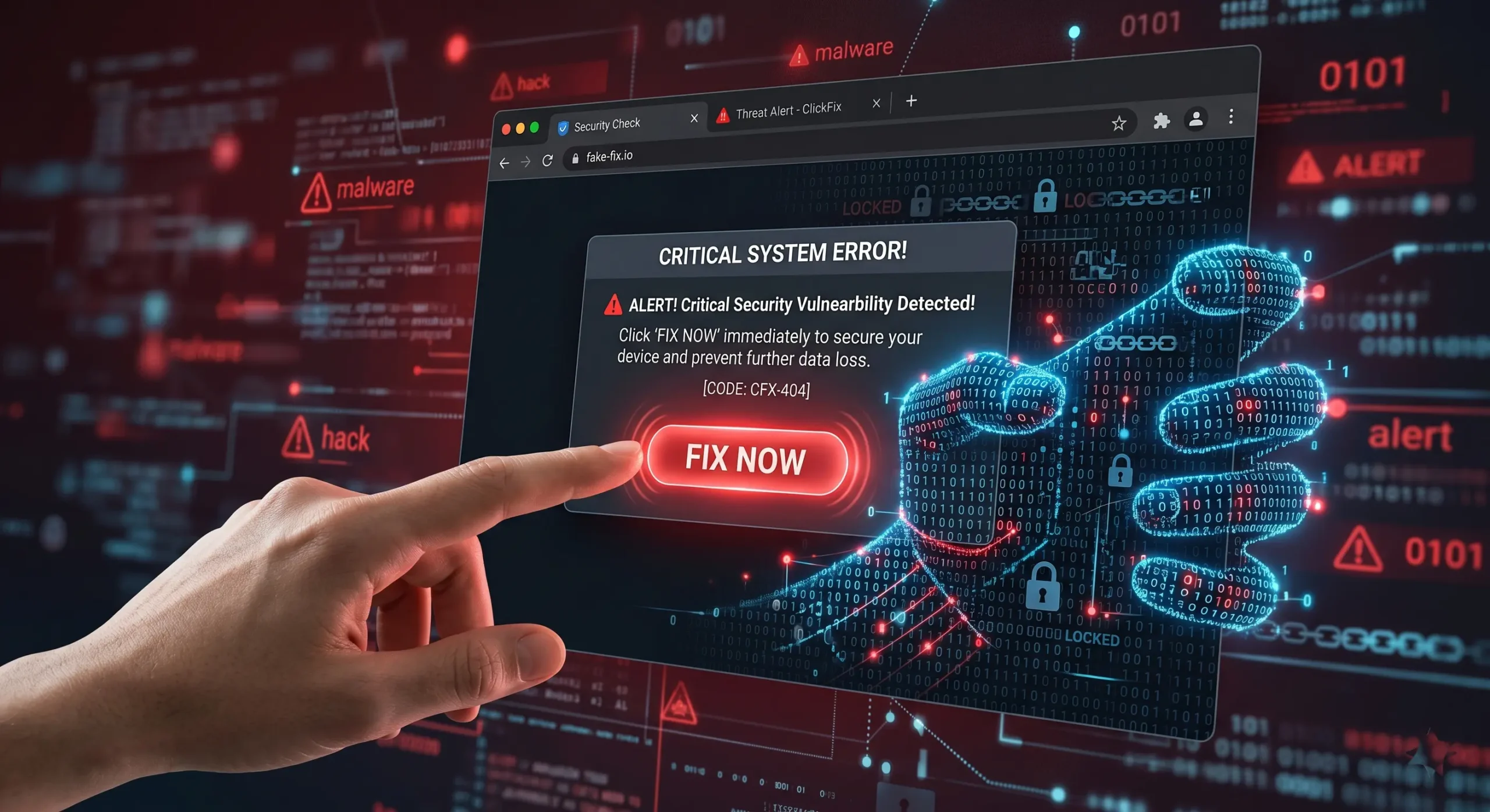 Reprezentare pentru **ClickFix** si modul in care un singur **click iti poate bloca sistemul** prin erori de browser false in 2026