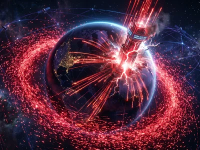 Ilustrare a unui atac de tip **DDoS record** orchestrat printr-o retea globala de dispozitive IoT compromise in 2026