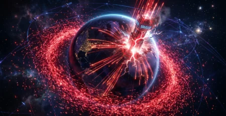 Ilustrare a unui atac de tip **DDoS record** orchestrat printr-o retea globala de dispozitive IoT compromise in 2026