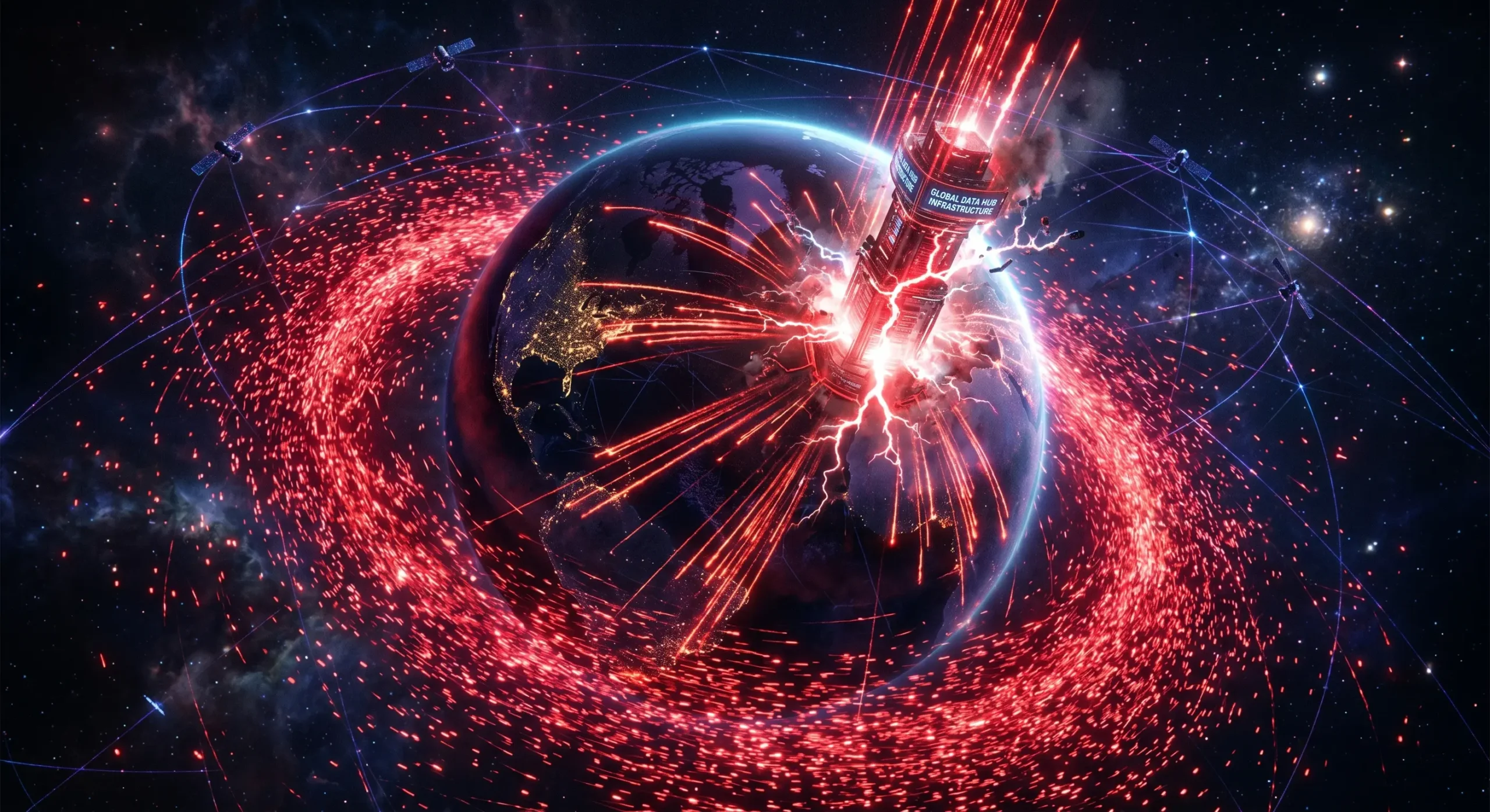 Ilustrare a unui atac de tip **DDoS record** orchestrat printr-o retea globala de dispozitive IoT compromise in 2026