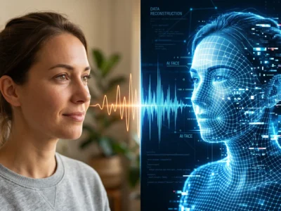 Reprezentare a procesului de creare a unei clone **deepfake** video si vocale folosind inteligenta artificiala in 2026