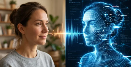 Reprezentare a procesului de creare a unei clone **deepfake** video si vocale folosind inteligenta artificiala in 2026