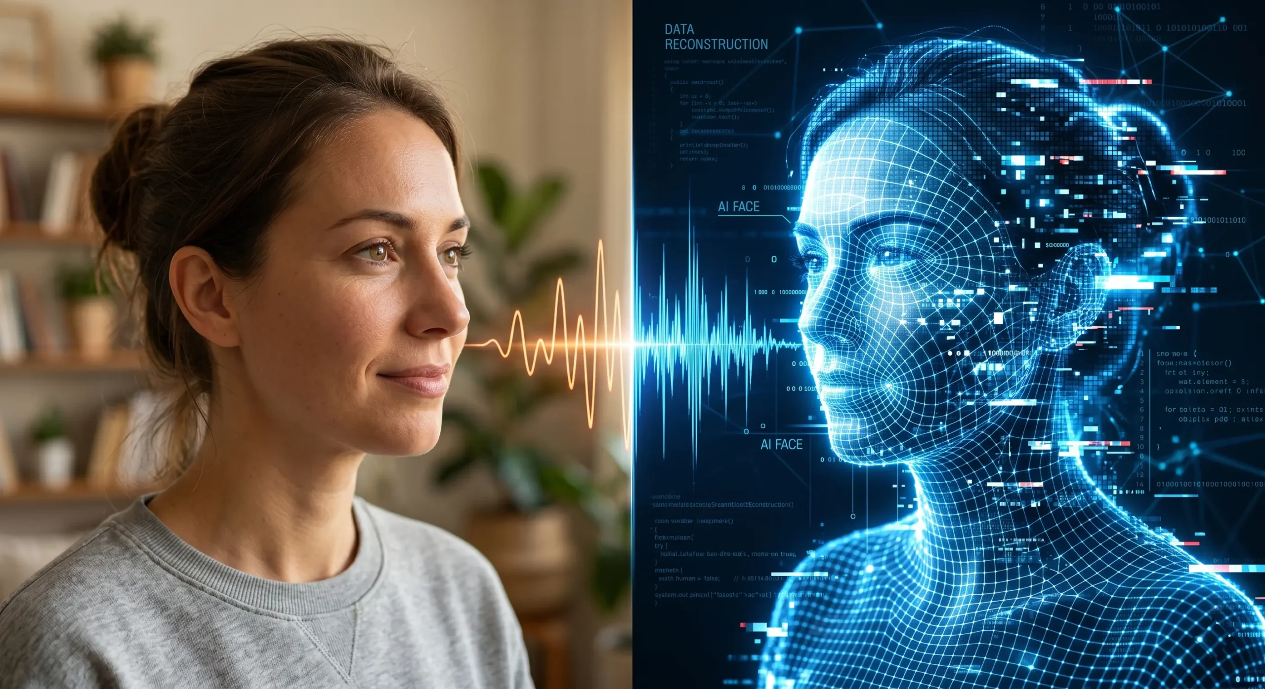 Reprezentare a procesului de creare a unei clone **deepfake** video si vocale folosind inteligenta artificiala in 2026