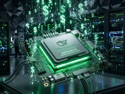 Vizualizare a modelului **DeepSeek V4** simbolizand puterea de calcul frontier la costuri extrem de reduse pentru afaceri in 2026