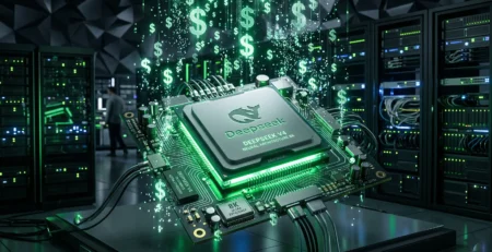 Vizualizare a modelului **DeepSeek V4** simbolizand puterea de calcul frontier la costuri extrem de reduse pentru afaceri in 2026