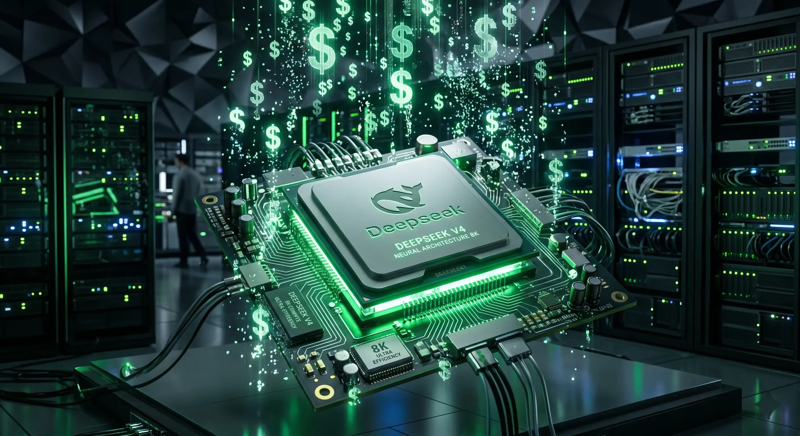Vizualizare a modelului **DeepSeek V4** simbolizand puterea de calcul frontier la costuri extrem de reduse pentru afaceri in 2026