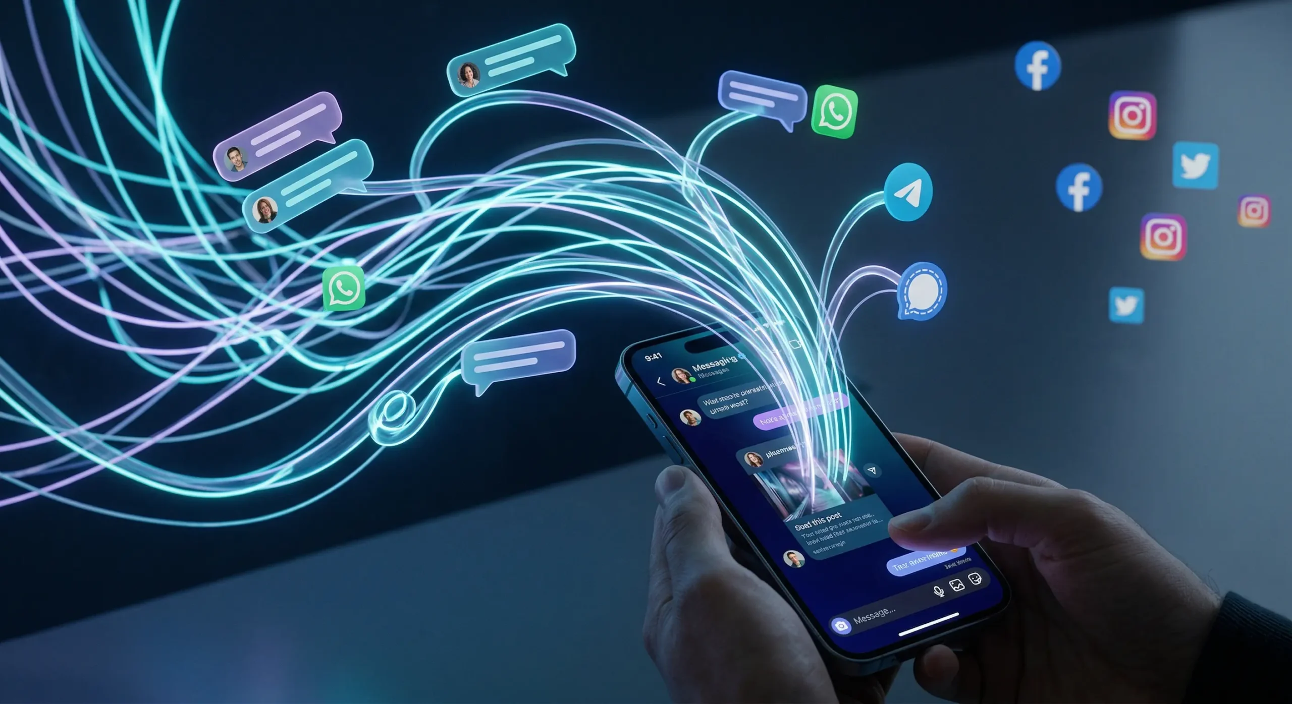 Ilustratie conceptuala despre importanta DM-urilor si a fenomenului Dark Social in 2026, reprezentand distributia masiva a continutului prin conversatii private si mesaje directe, invizibile pentru instrumentele de analiza clasice