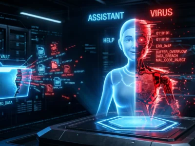 Reprezentare a dualitatii riscurilor **inteligentei artificiale**, unde un asistent virtual poate deveni o bresa de securitate in 2026