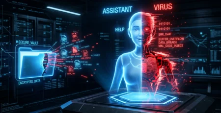 Reprezentare a dualitatii riscurilor **inteligentei artificiale**, unde un asistent virtual poate deveni o bresa de securitate in 2026