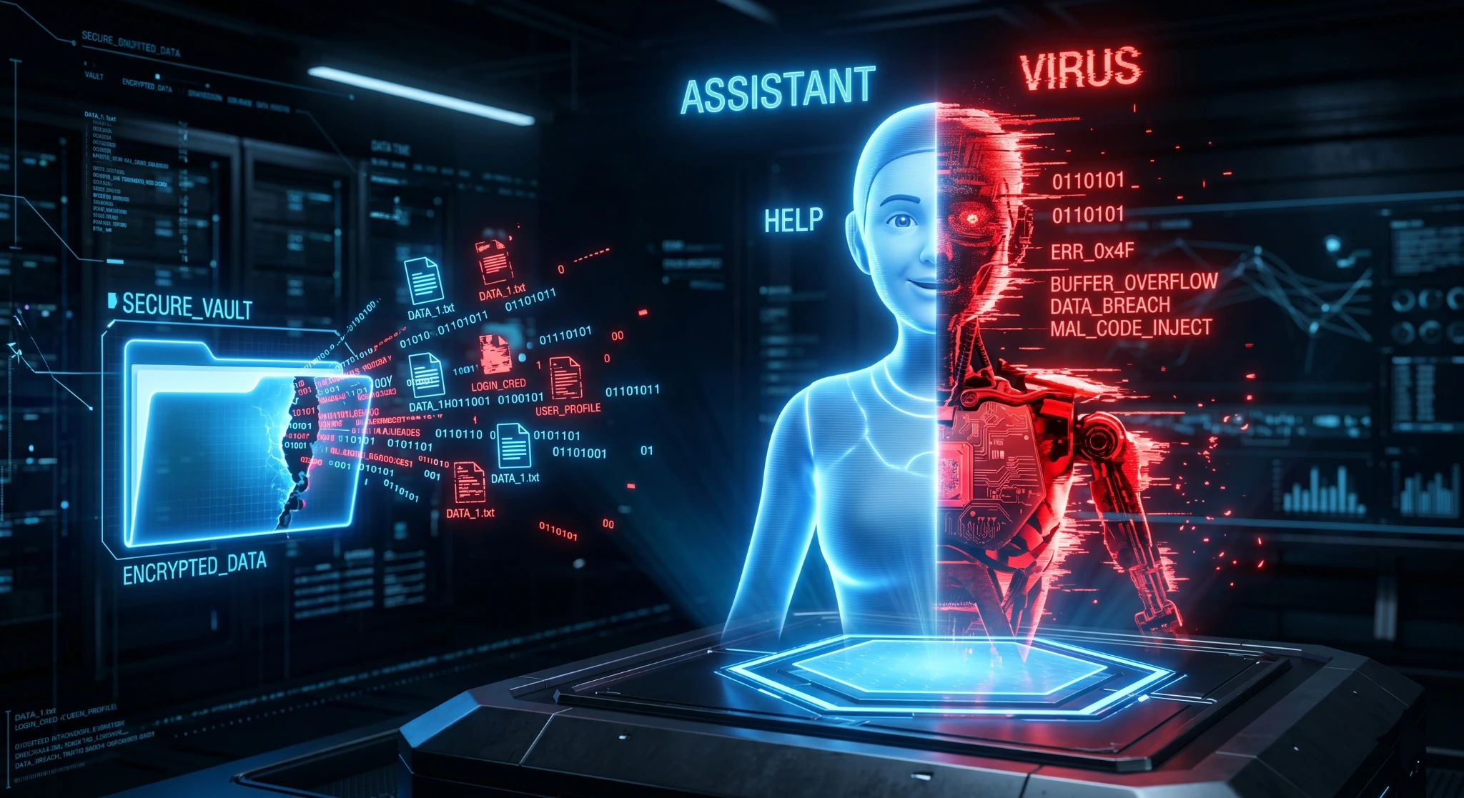 Reprezentare a dualitatii riscurilor **inteligentei artificiale**, unde un asistent virtual poate deveni o bresa de securitate in 2026