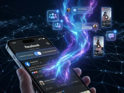 Ilustratie conceptuala despre Facebook in 2026, reprezentand feed-ul hibrid si sistemul AI Andromeda care prioritizeaza interactiunile din grupuri si mesajele private pentru o vizibilitate crescuta