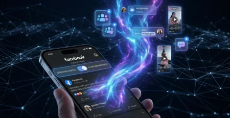 Ilustratie conceptuala despre Facebook in 2026, reprezentand feed-ul hibrid si sistemul AI Andromeda care prioritizeaza interactiunile din grupuri si mesajele private pentru o vizibilitate crescuta